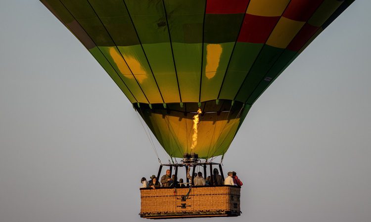 Visitor enjoying a hot air balloon ride over the Serengeti during a Five-Day Serengeti Safari, taking in panoramic views of wildlife and the breathtaking landscapes below