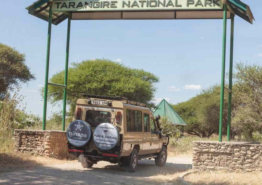 Nihapa Tours 4x4 safari vehicle entering Tarangire National Park, ready for a private wildlife adventure from Arusha.