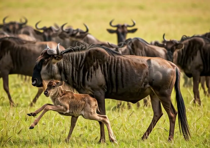 Calving season in Serengeti : A chaotic and dramatic scene of newborn wildebeest calves struggling to their feet in the vast, dusty plains as the herd moves across the landscape