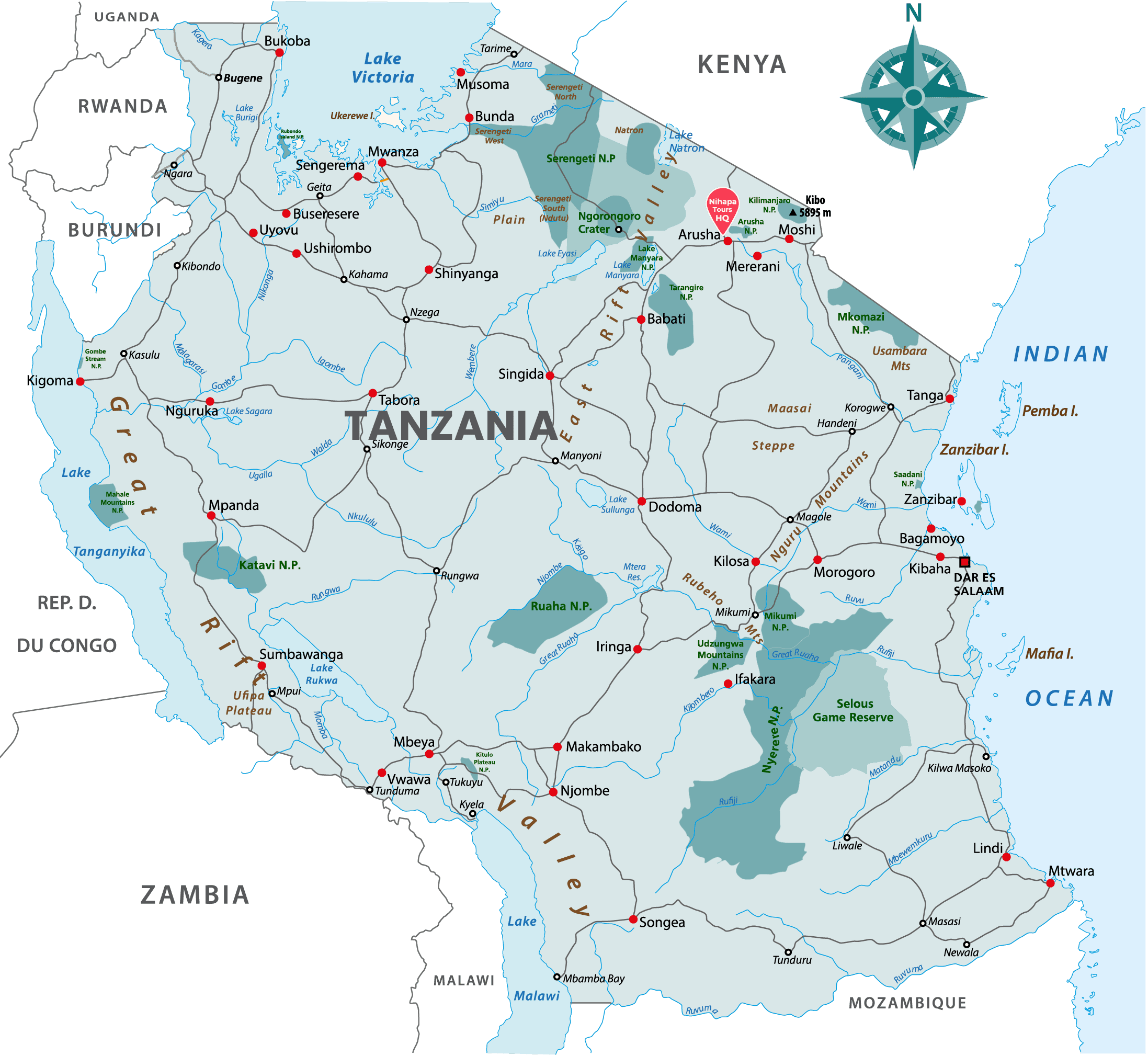 Destination map of Tanzania by Nihapa Tours showing Arusha and key safari and travel destinations across Tanzania